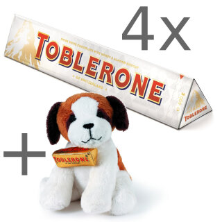 4x Toblerone White 360g + "Bernie Dog" Plüschhund