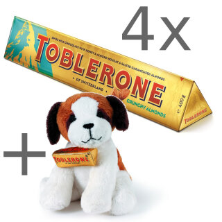 4x Toblerone Crunchy Almonds 360g + "Bernie Dog" Plüschhund